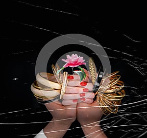 ManÃ¢â¬â¢s hands holding many golden bracelets and and womanÃ¢â¬â¢s hands with Camelia blossom